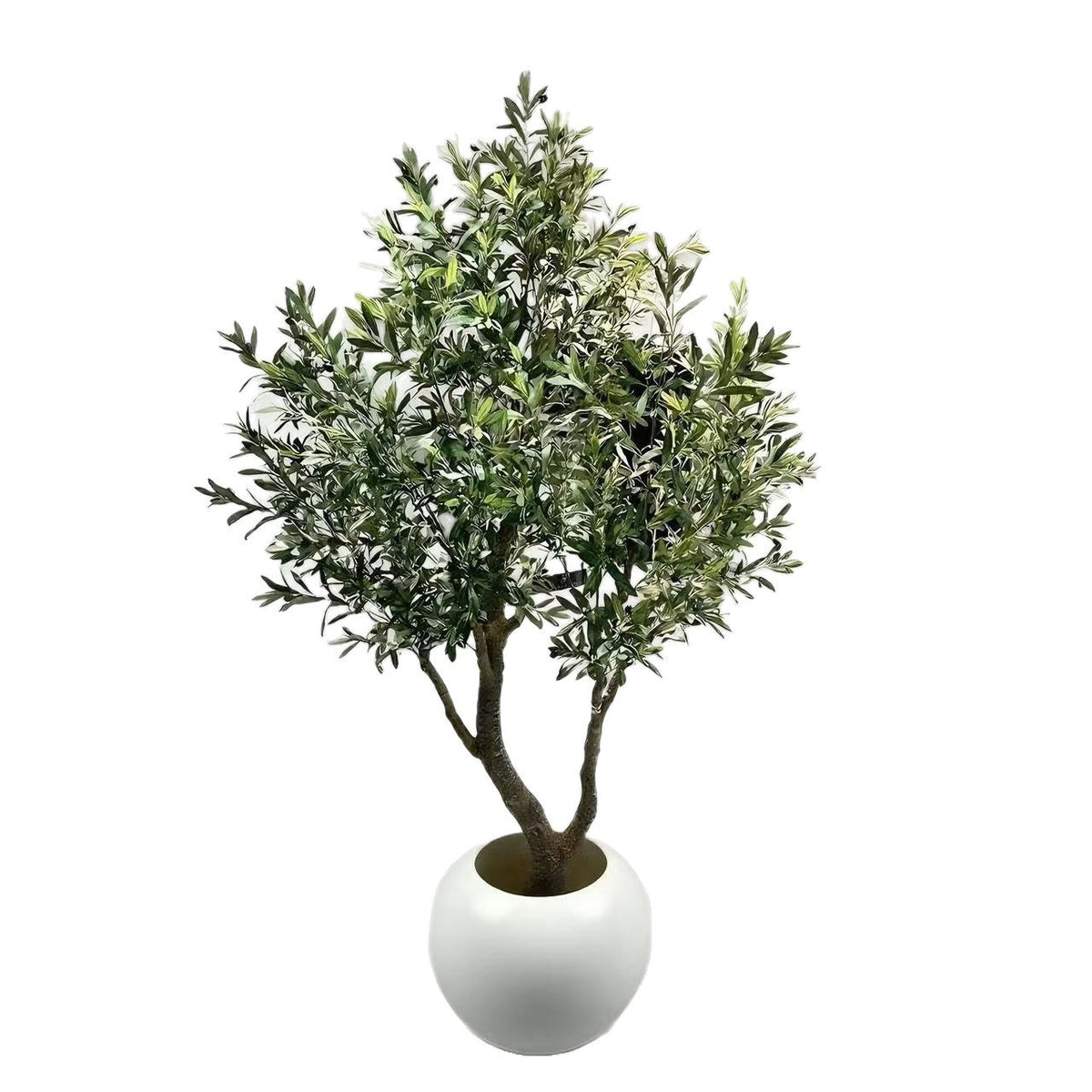 Close-up of the artificial olives set among the leaves on the branch tips