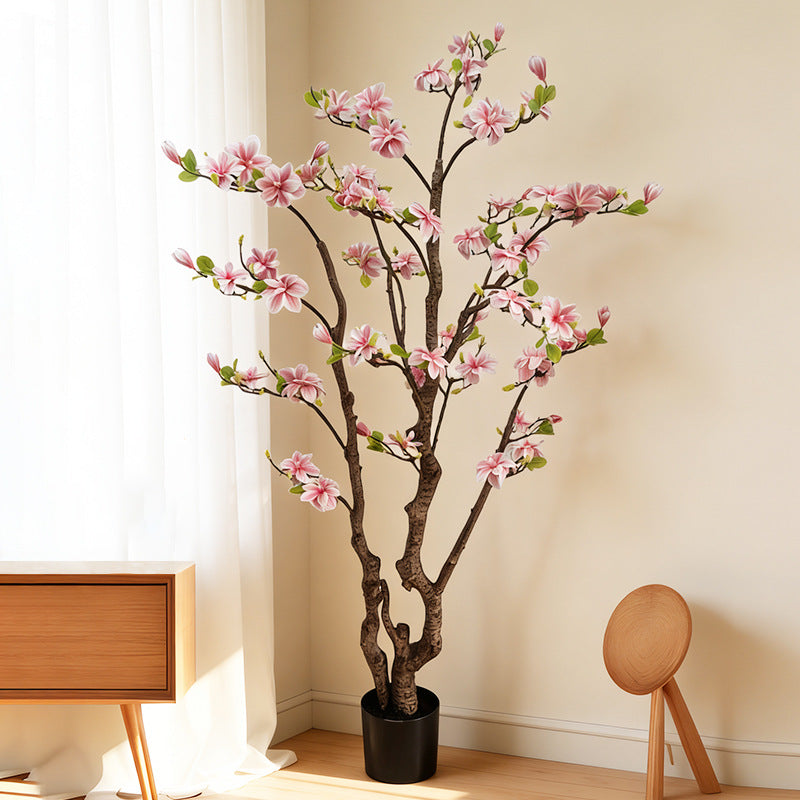 Artificial magnolia tree 6ft (180cm) tall in a pot, blooms among glossy green leaves