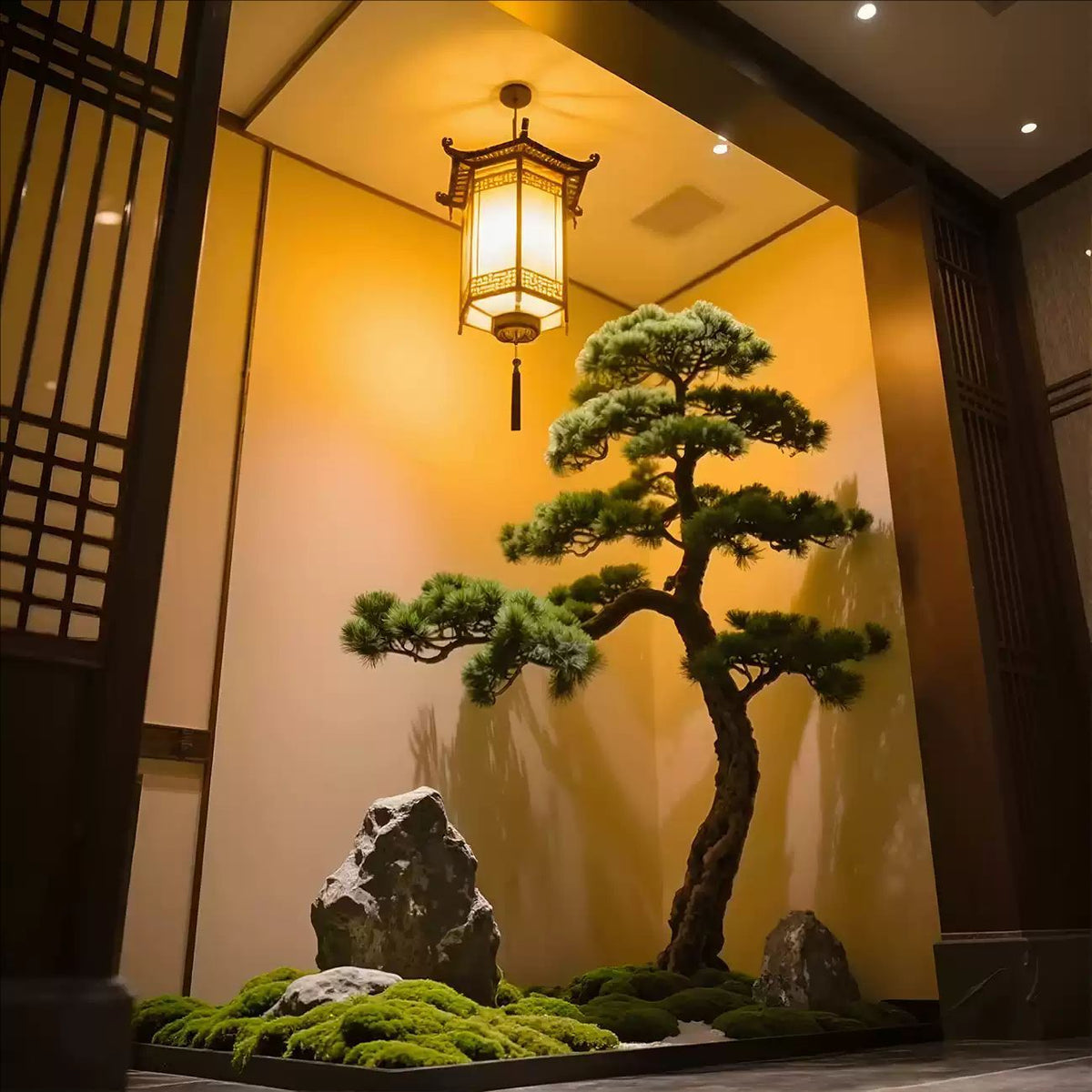 The welcome-style pine placed in a tea room as an indoor landscape feature