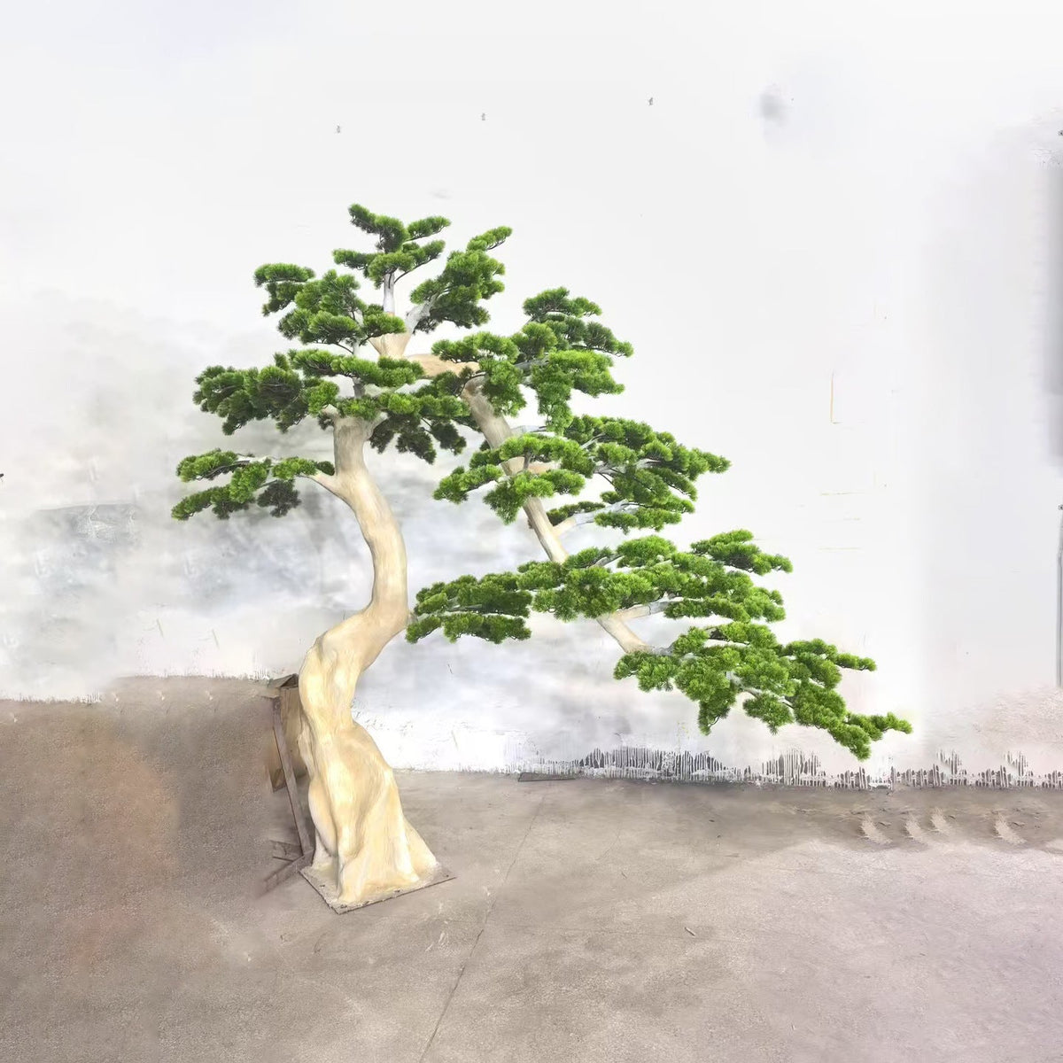 The welcome-pine bonsai used as a landscape feature at a hotel lobby entrance