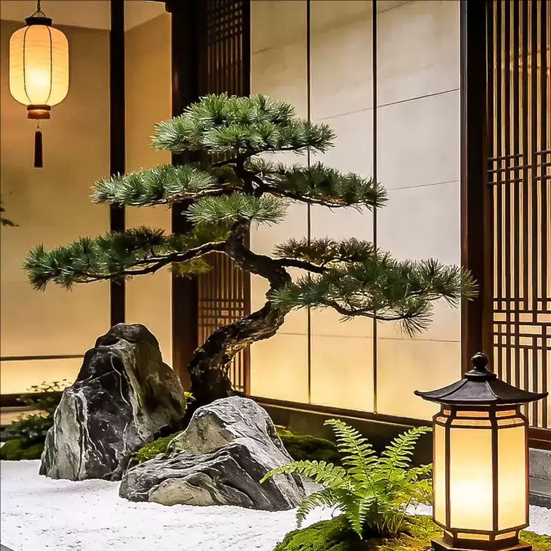 The faux pine used as an entryway tree in a new Chinese style courtyard setting