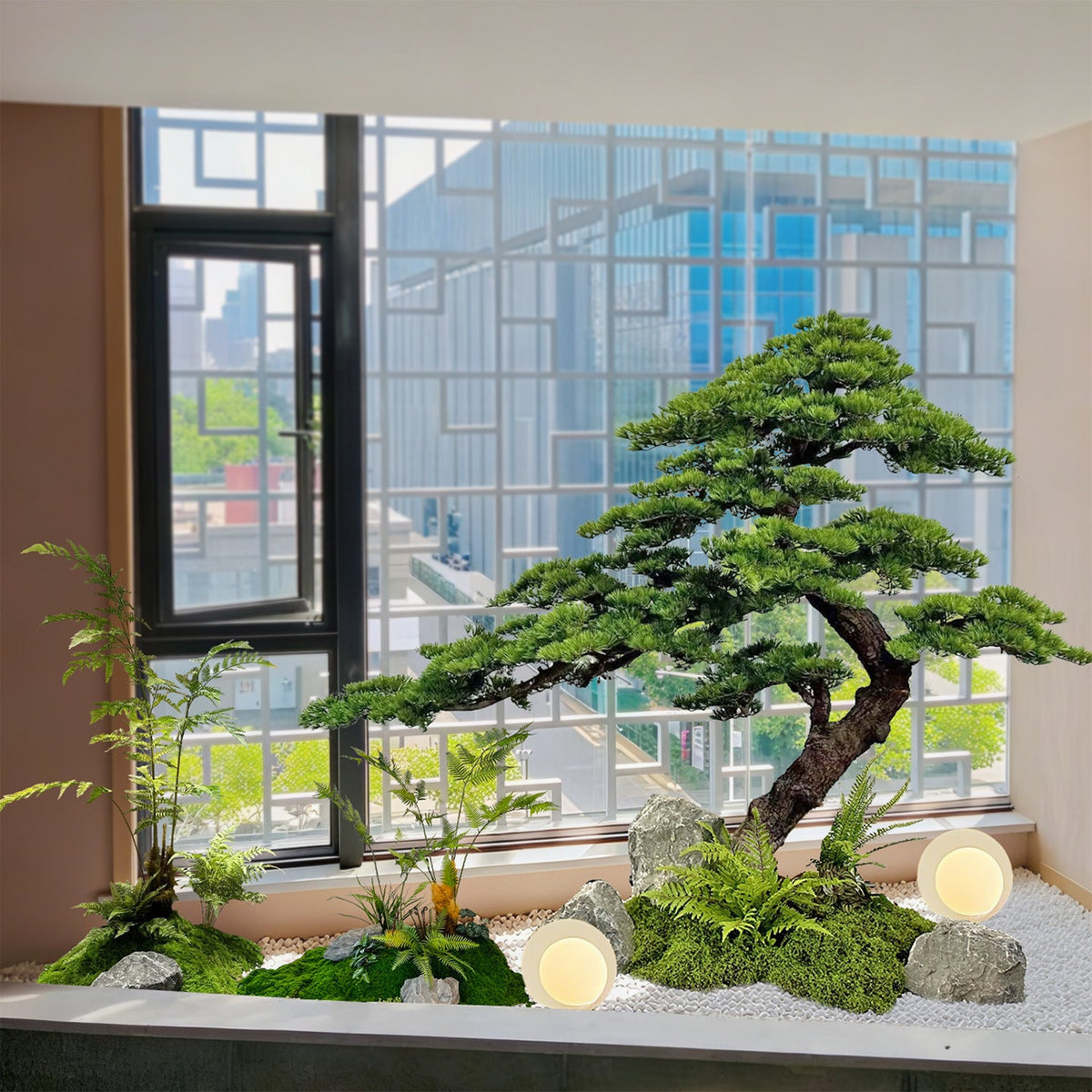 Artificial Japanese-style pine with luohan branches trained into open flat tiers