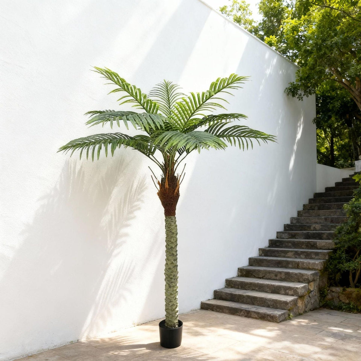 The fibrous trunk of the potted date palm, patterned with cut frond bases