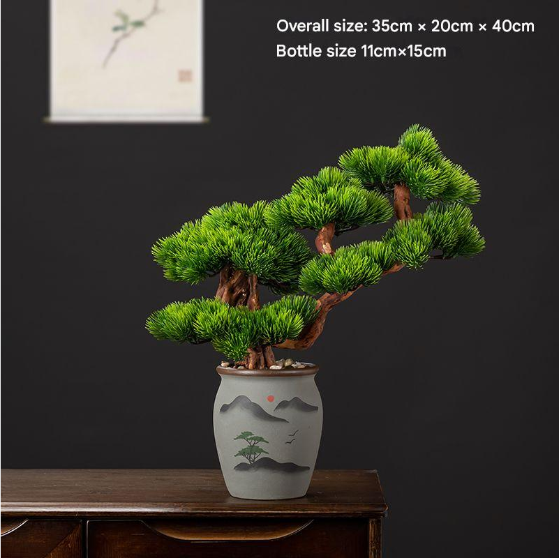 The sculpted trunk of the bonsai curving up out of its shallow pot