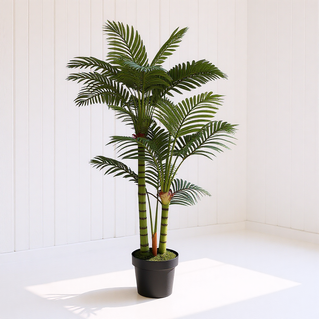 The same artificial areca palm used on a covered patio beside outdoor seating
