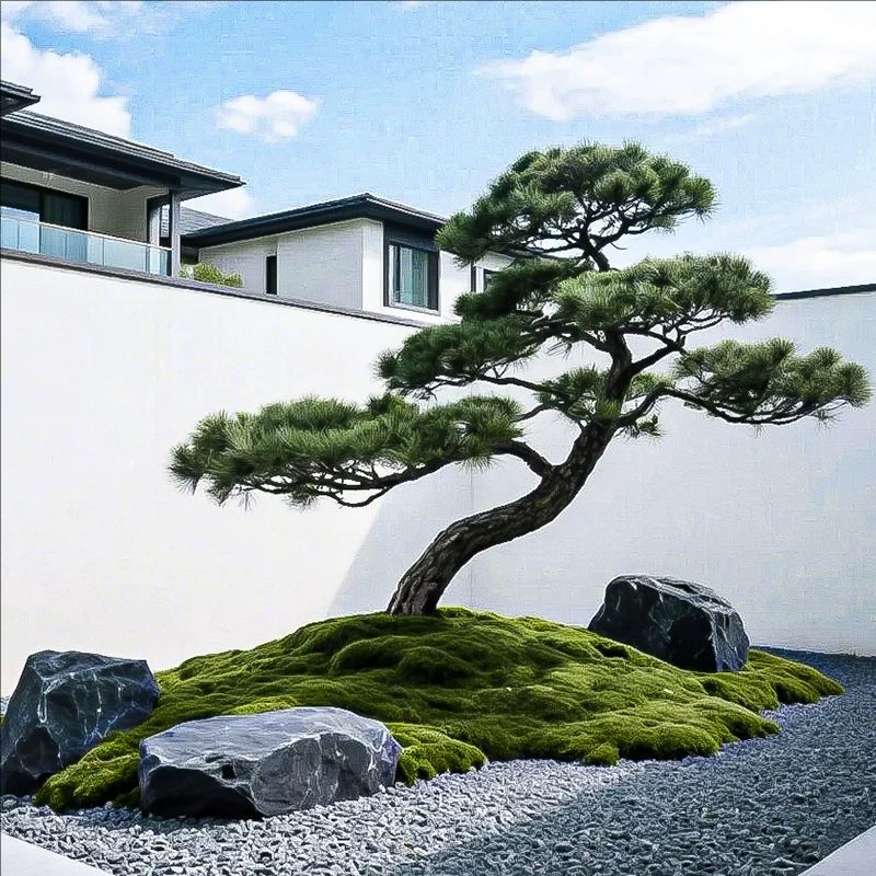 Japanese-style artificial pine 10ft tall, branches trained into open layered tiers