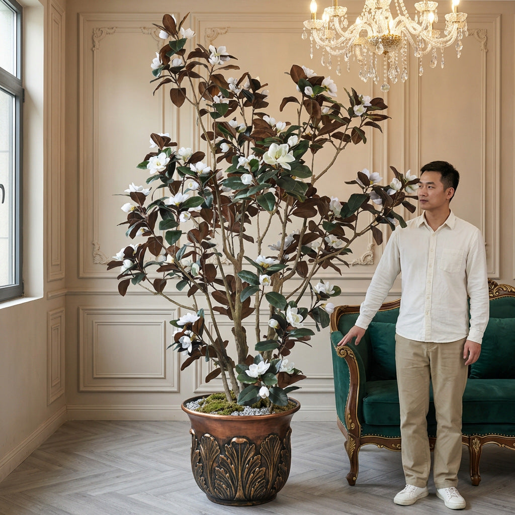 Artificial magnolia tree 10.5ft (320cm) tall, white blooms among glossy green leaves