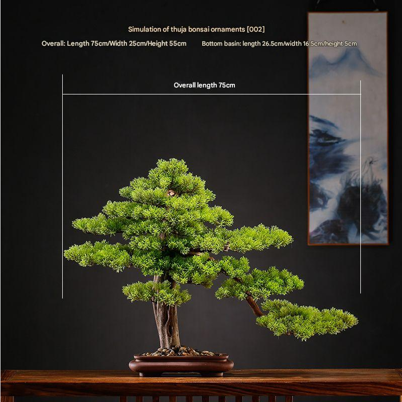 The pine bonsai styled on a display shelf beside a small ceramic vase