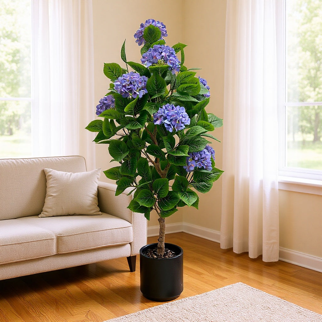 Artificial hydrangea plant 3ft tall in a pot, purple flower heads over broad leaves
