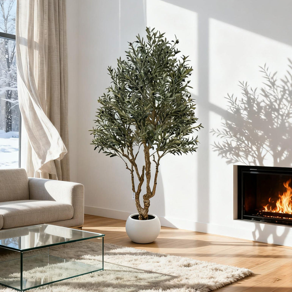 Artificial olive tree 7.5ft tall, LDPE foliage in silver-green over a broad crown