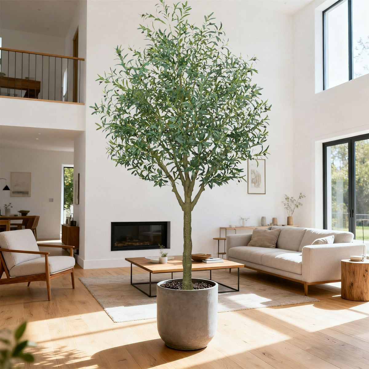 Artificial olive tree 9ft tall, soft PVC foliage in silver-green across a full crown