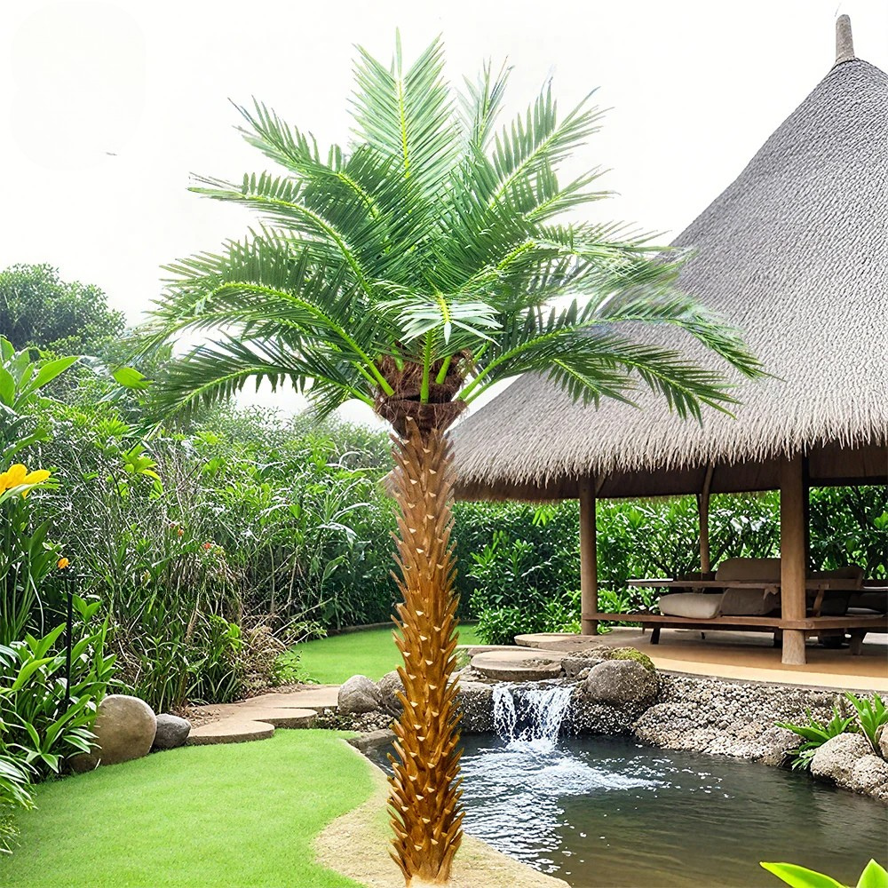 The date palm planted outdoors in full sun beside a paved garden path