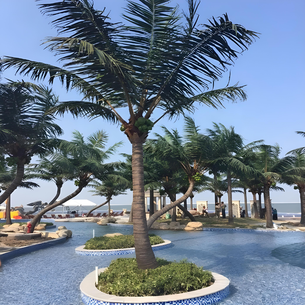 High-simulation artificial date palm, stiff fronds radiating from a fibrous trunk