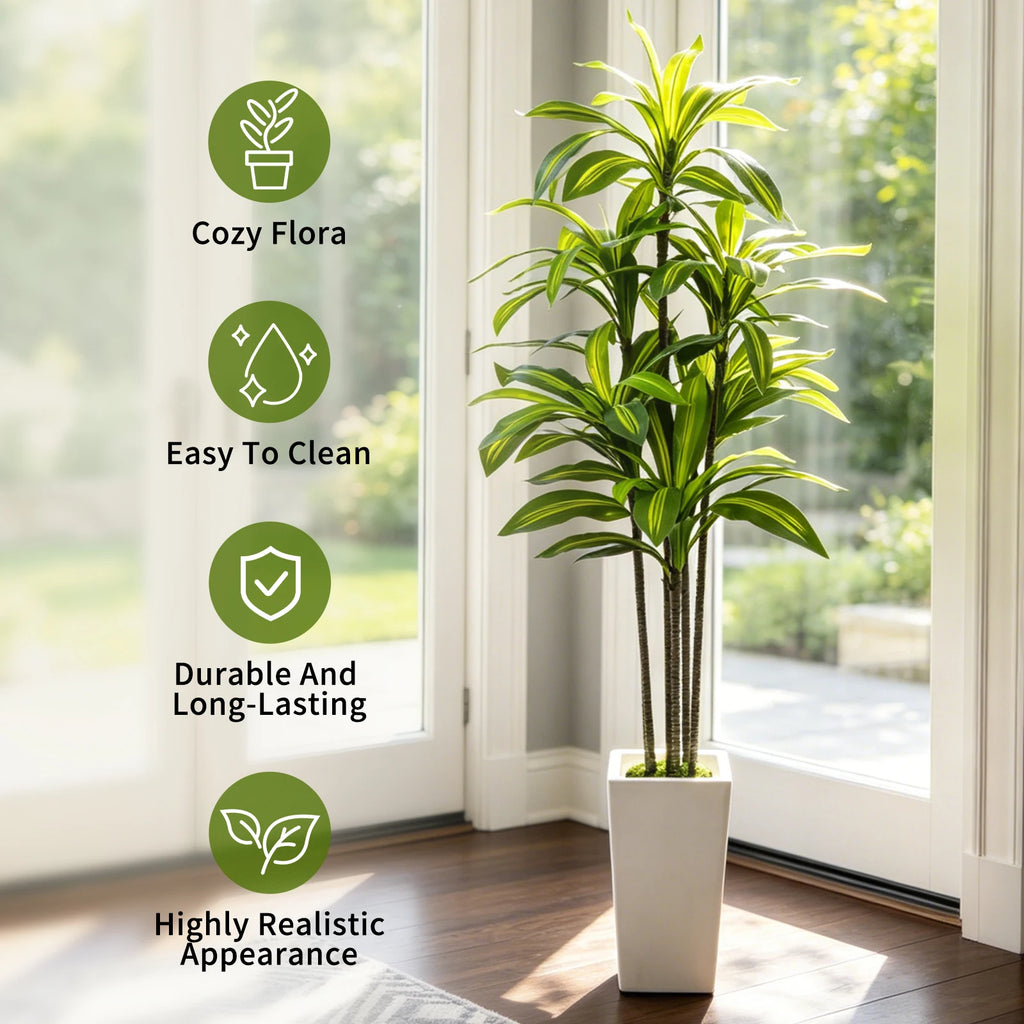 Artificial Dracaena Tree — 5 ft, White Tall Planter with Faux Moss
