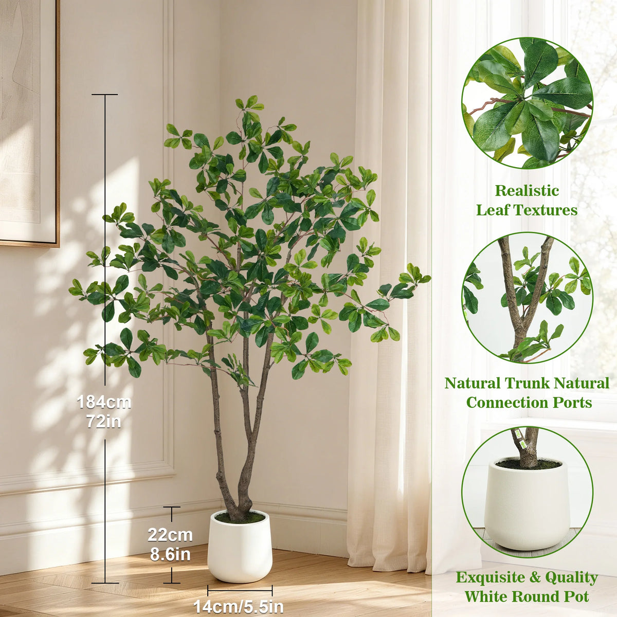 Artificial Black Olive Tree — 5 to 7 ft, PE Foliage, White Round Pot