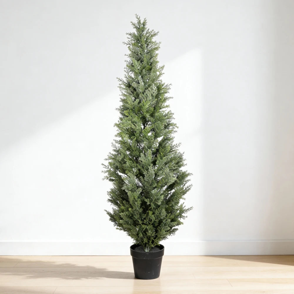 Artificial Cypress Topiary — 5 ft, UV-Treated Foliage, Black Pot
