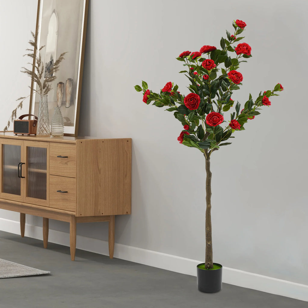 Artificial Camellia Tree — 4.9 ft, Red Blooms, Cement-Filled Pot