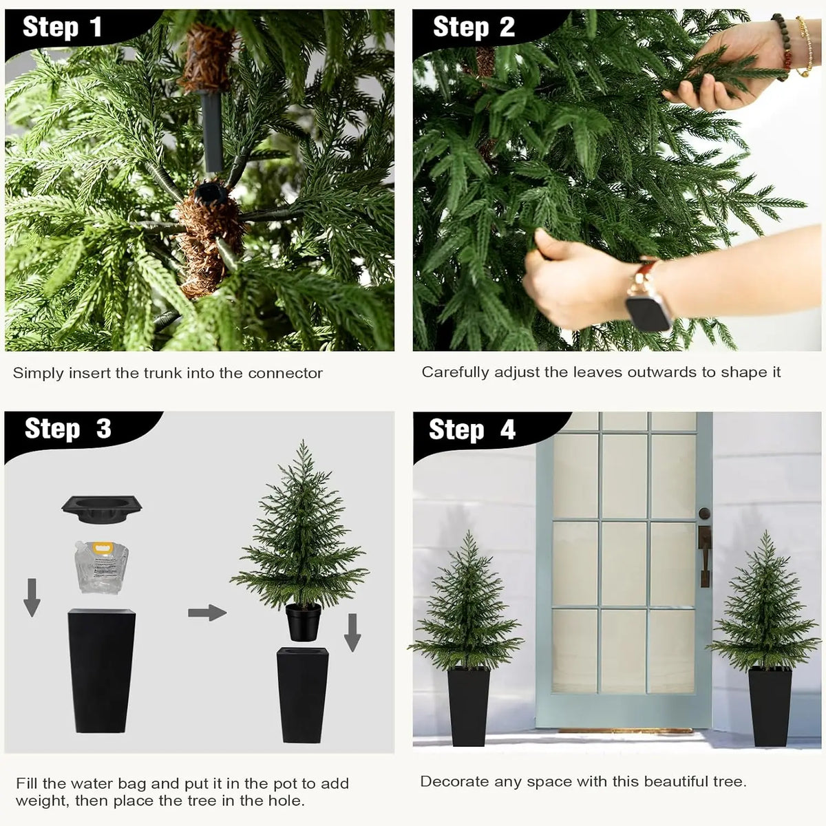 Artificial Norfolk Pine Trees — 4 ft, Set of 2, Black or White Planter
