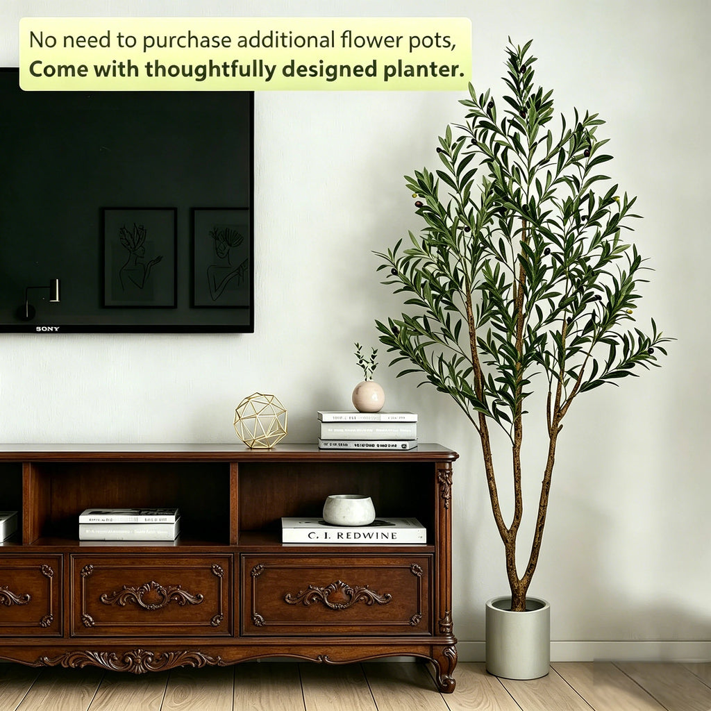 Artificial Olive Tree — 5 to 7 ft, Natural Wood Trunk, Tall Planter