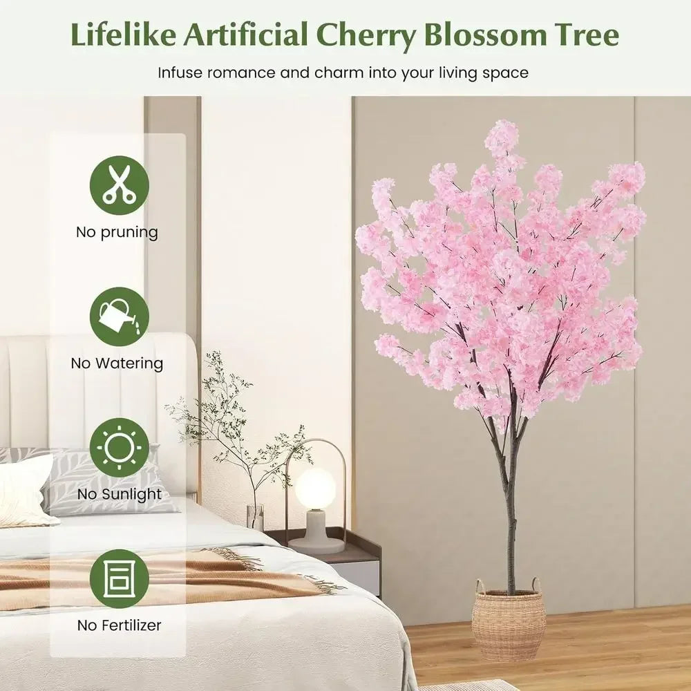 Artificial Cherry Blossom Trees — 6.5 ft, Set of 2 in Cement Pots