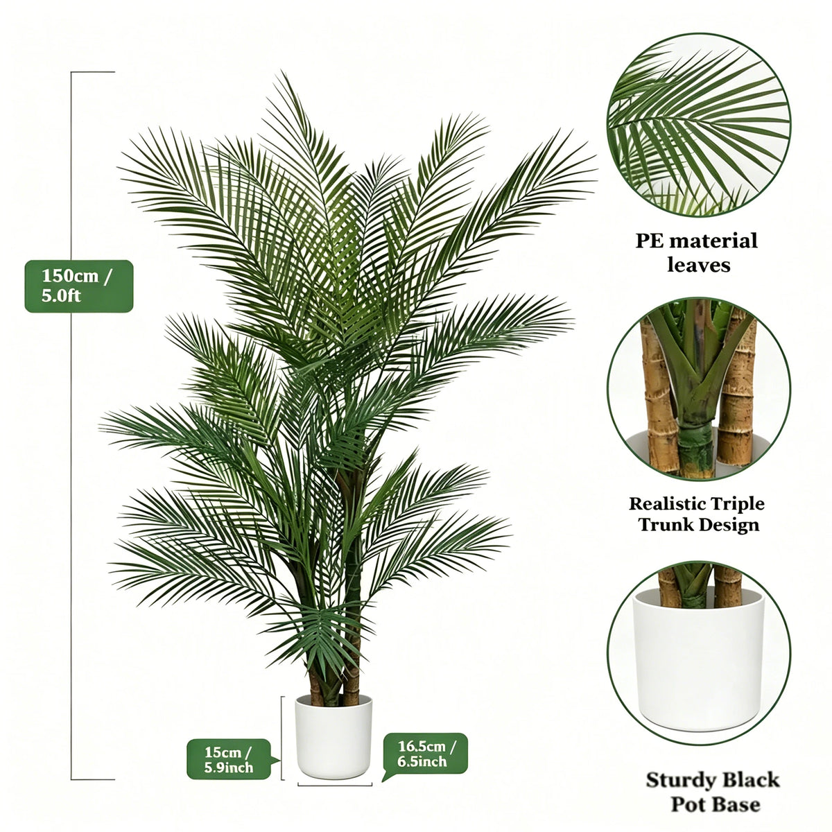 Artificial Palm Tree — 5 to 6 ft, UV-Resistant Fronds, Black or White Pot