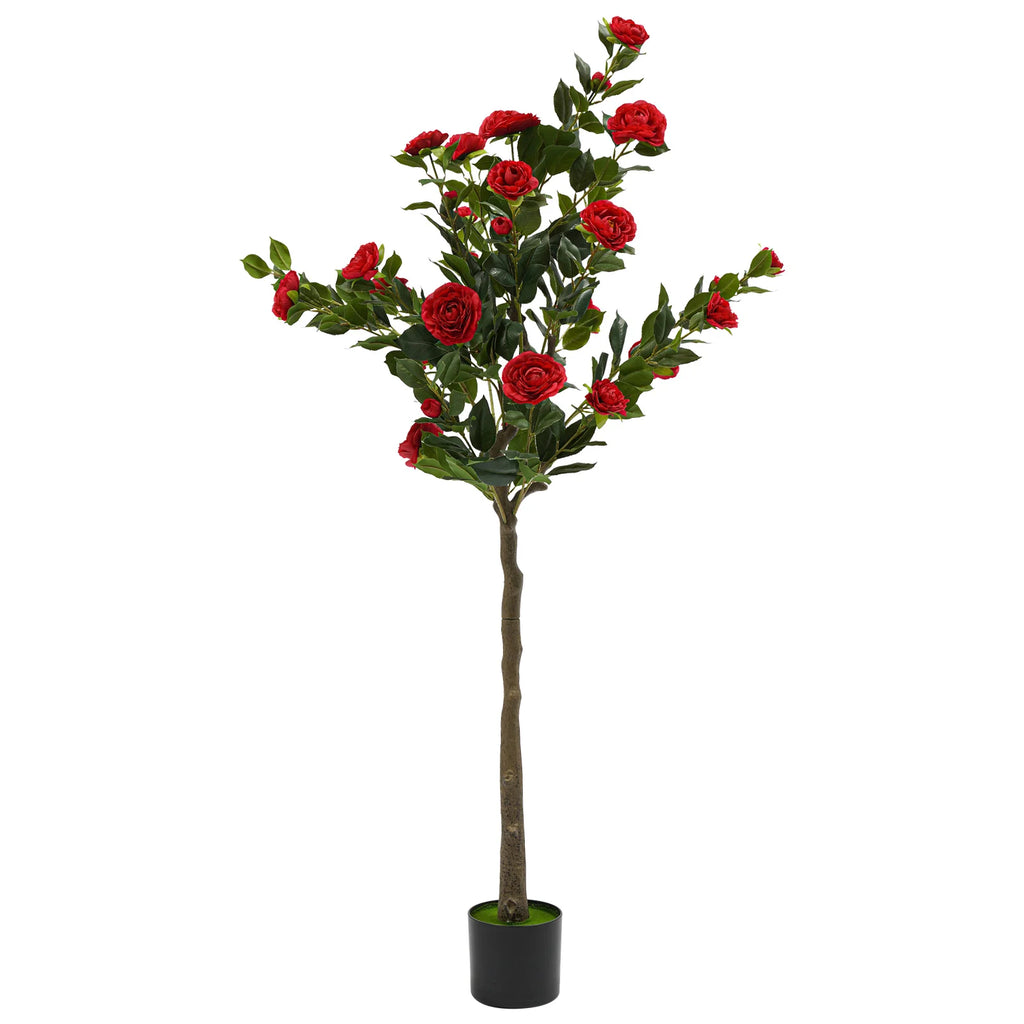 Artificial Camellia Tree — 4.9 ft, Red Blooms, Cement-Filled Pot