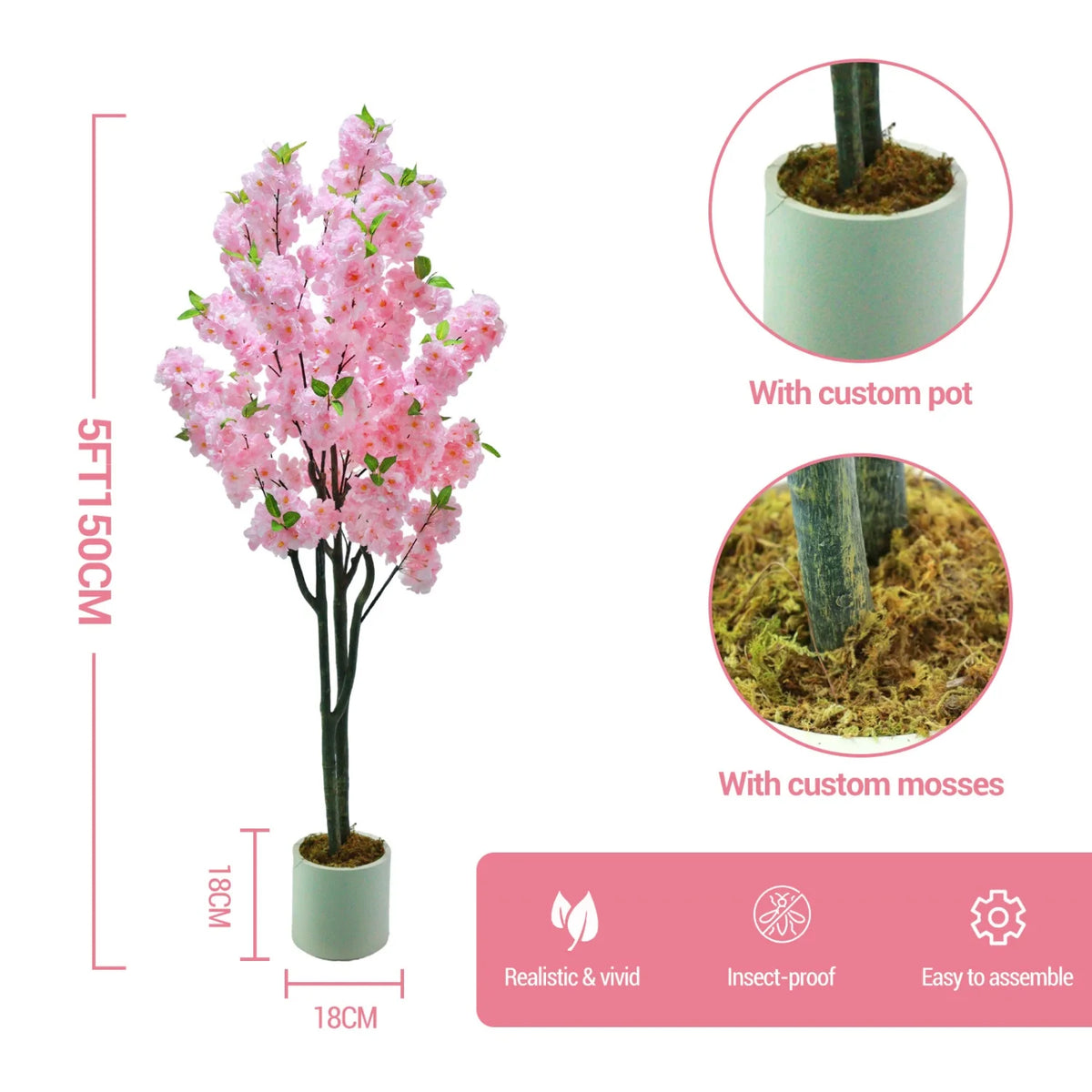 Artificial Cherry Blossom Tree, 5 to 6 ft, PVC Frame, Single or Double Pole
