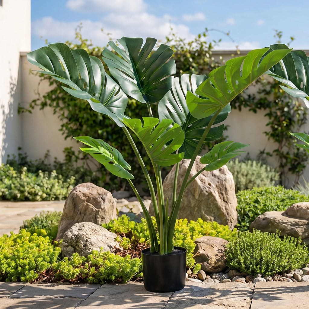 Artificial Monstera Deliciosa — 90 to 120 cm, Black Pot, Single or Pair