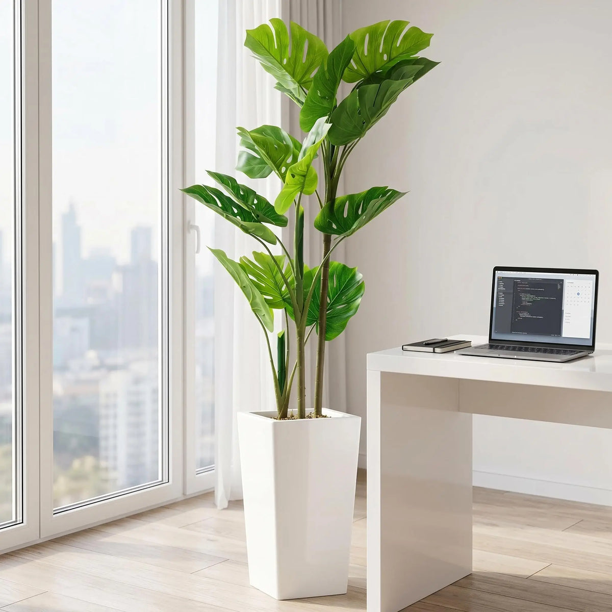 Artificial Monstera Plant — 4.5 ft, Cement-Filled White Planter