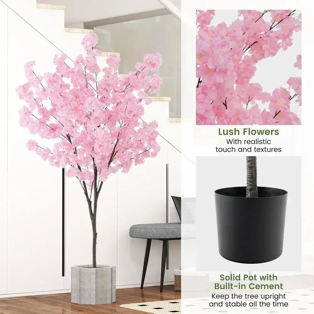 Artificial Cherry Blossom Trees — 6.5 ft, Set of 2 in Cement Pots