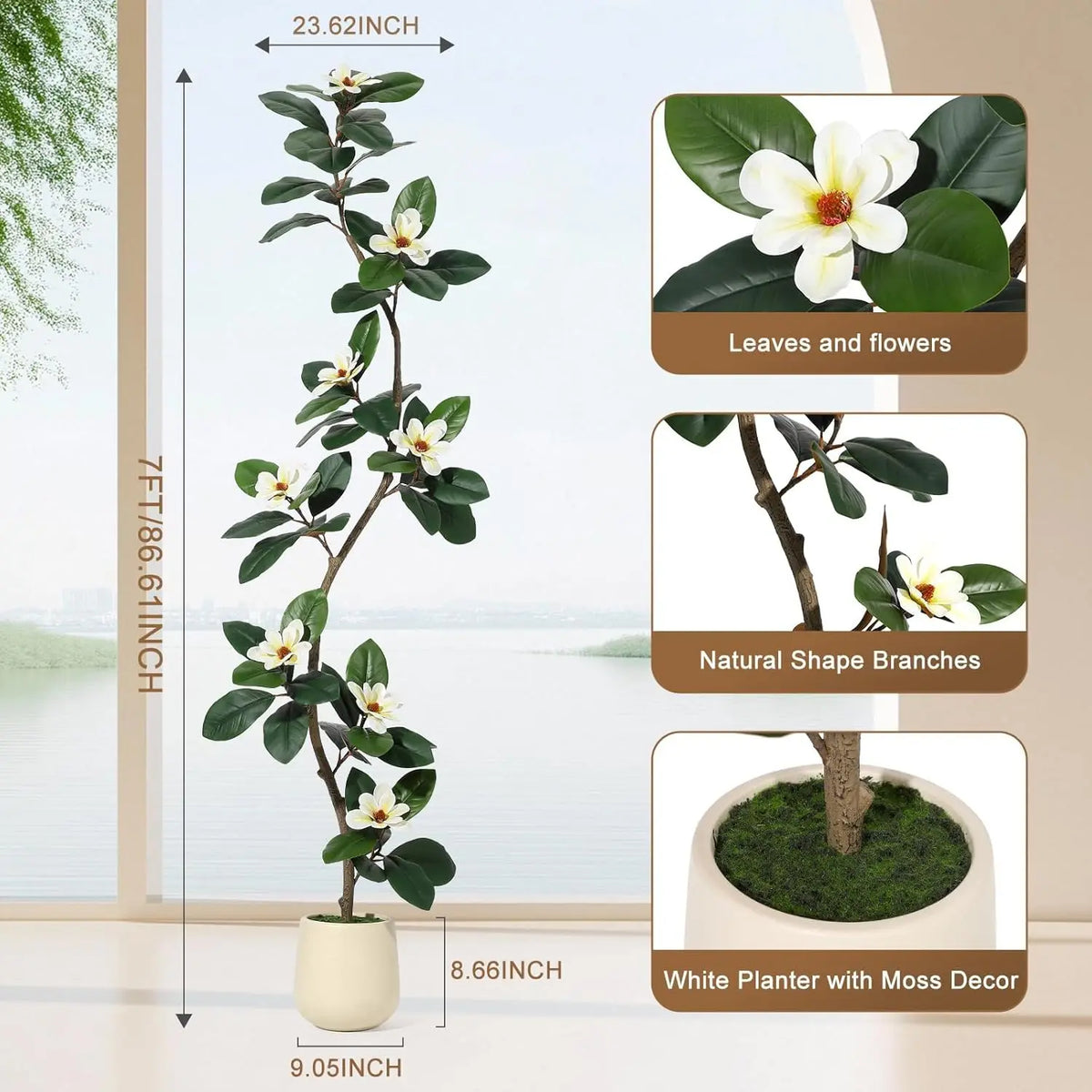 Artificial Magnolia Tree — 5 to 7 ft, S-Curve Trunk, White Planter