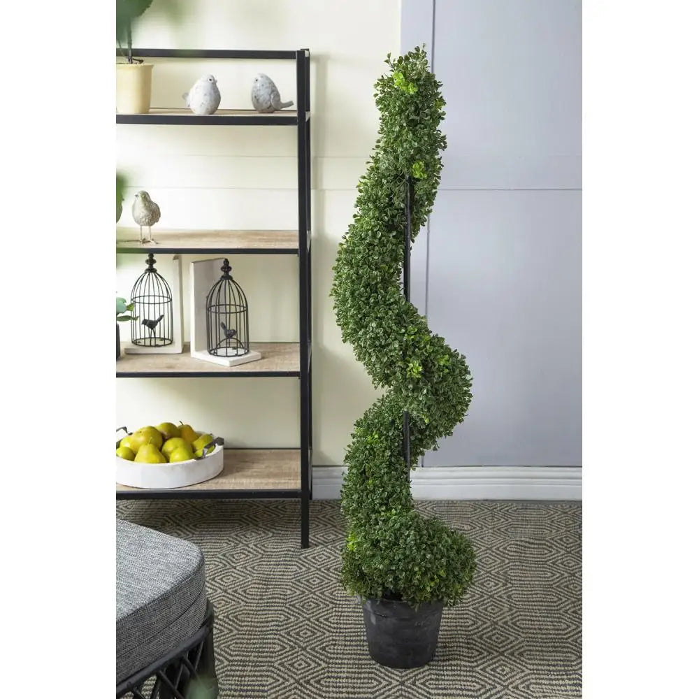 Artificial Boxwood Spiral Topiary — 4 ft, Slender Profile, Grey Pot
