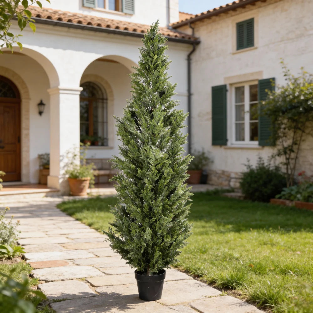 Artificial Cypress Topiary — 5 ft, UV-Treated Foliage, Black Pot