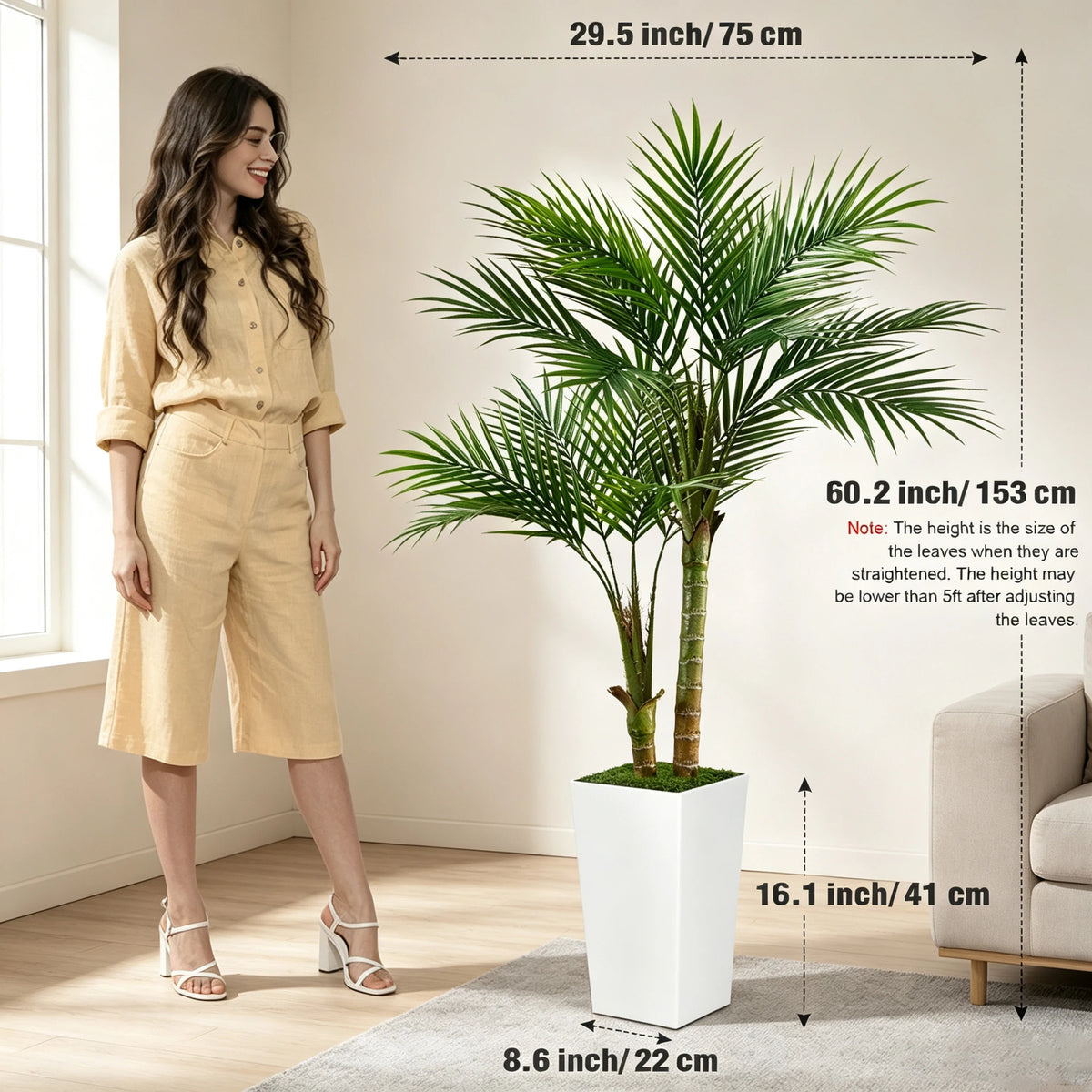 Artificial Areca Palm Tree — 5 ft, Square or Round White Planter