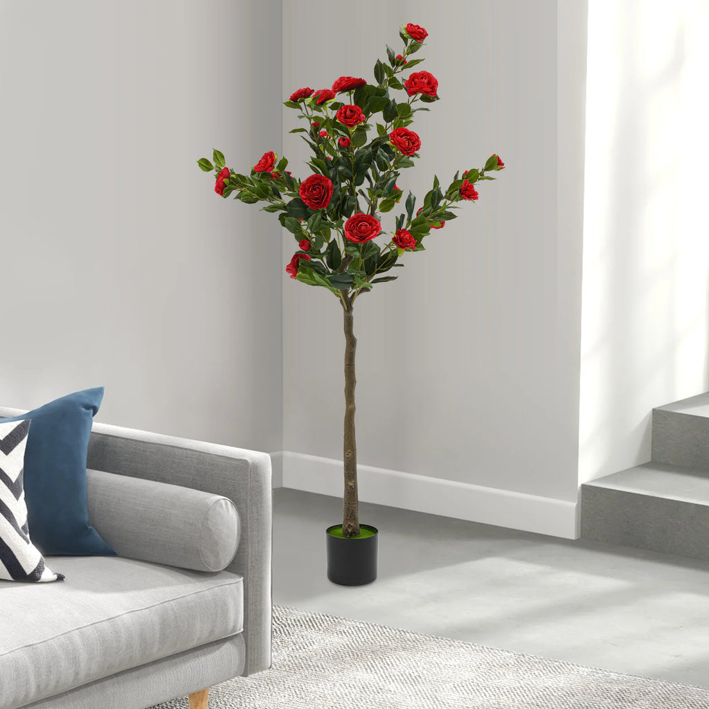 Artificial Camellia Tree — 4.9 ft, Red Blooms, Cement-Filled Pot