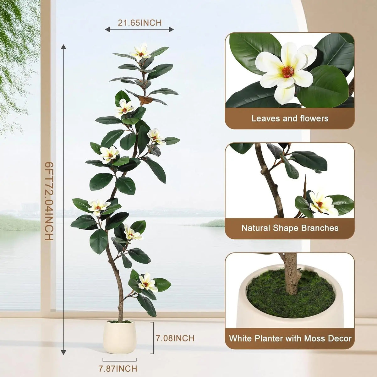 Artificial Magnolia Tree — 5 to 7 ft, S-Curve Trunk, White Planter