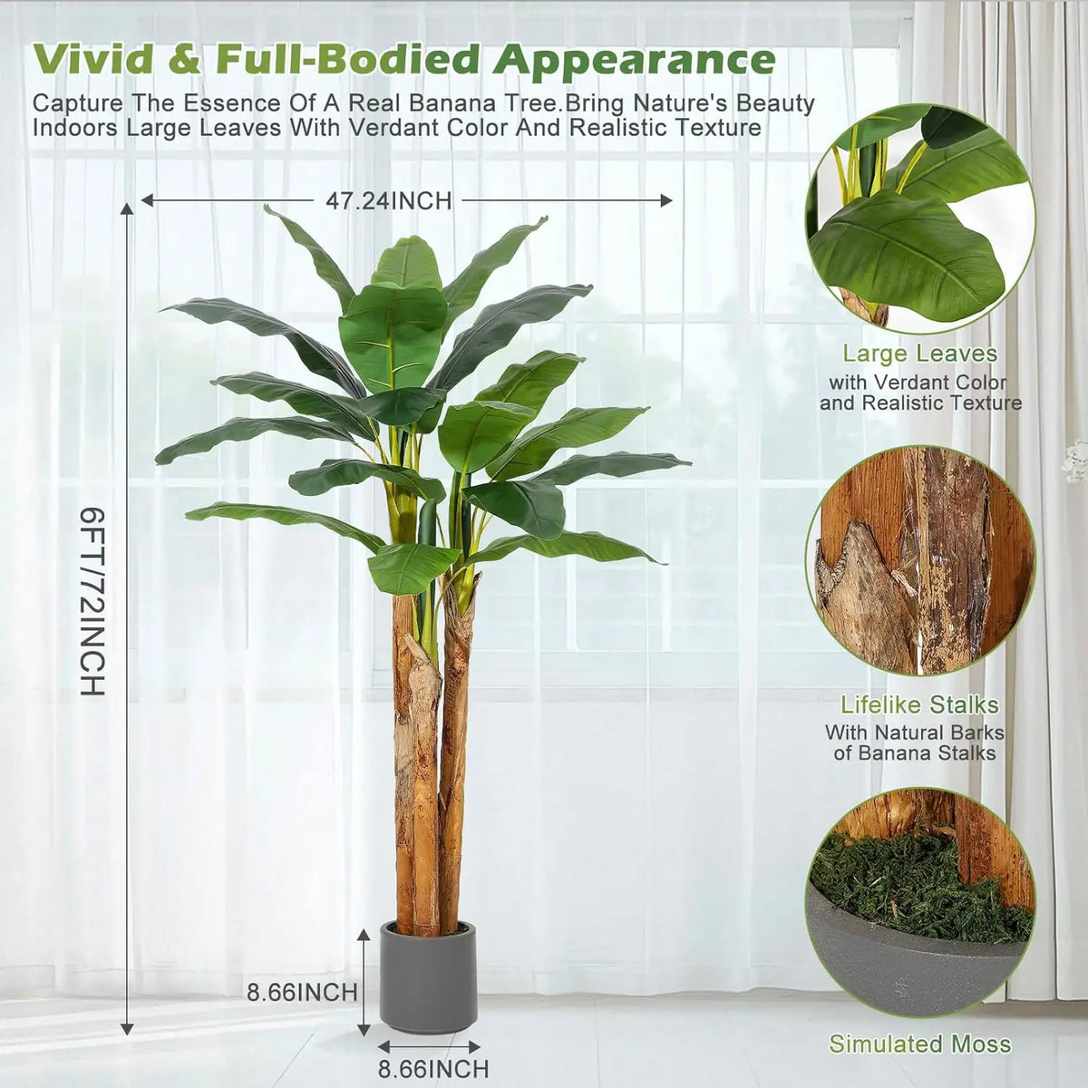 Artificial Banana Tree — 5 to 6 ft, Wire-Shapeable Branches in Grey Planter