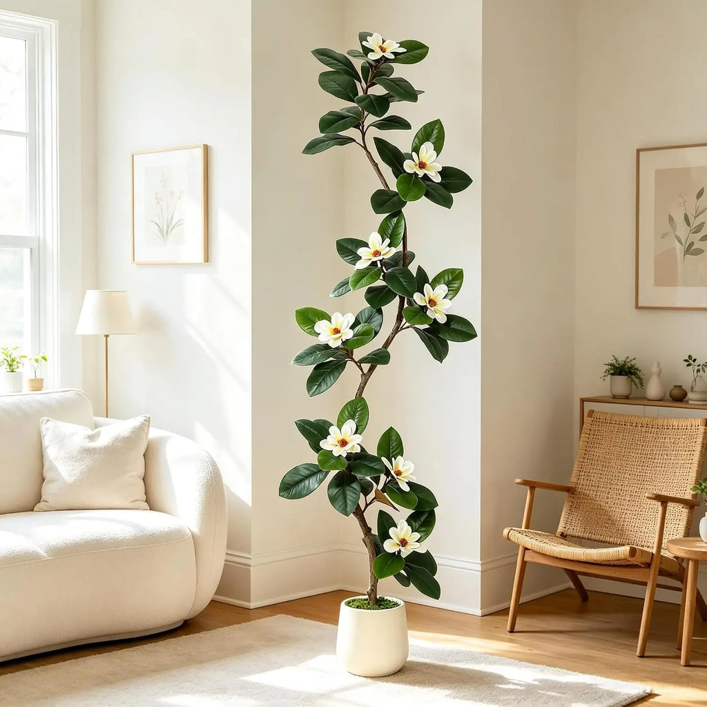 Artificial Magnolia Tree — 5 to 7 ft, S-Curve Trunk, White Planter