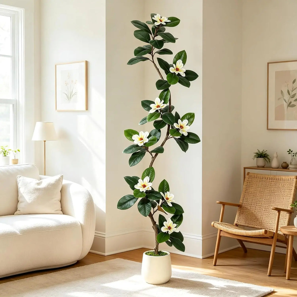 Artificial Magnolia Tree — 5 to 7 ft, S-Curve Trunk, White Planter