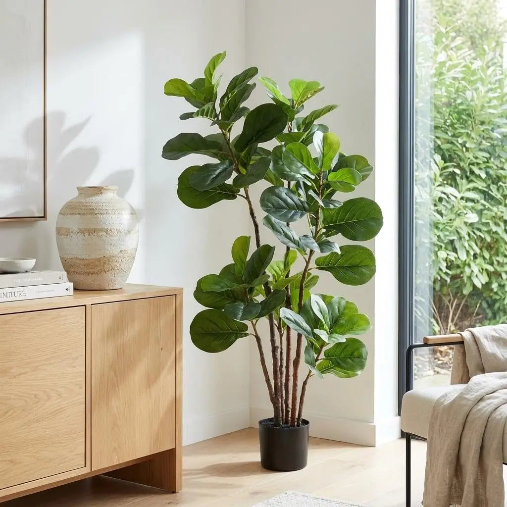 Artificial Fiddle Leaf Fig Tree — 4 ft, 72 Leaves, Black Planter, No Assembly
