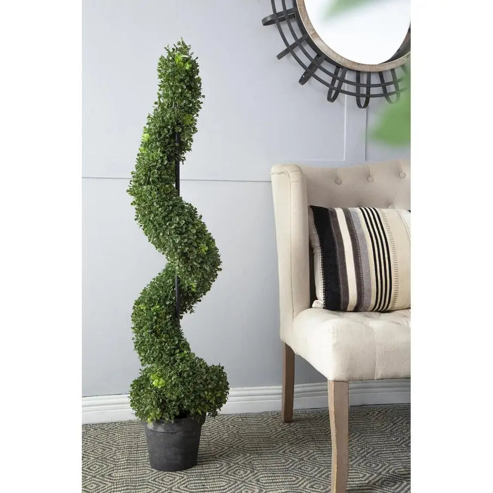 Artificial Boxwood Spiral Topiary — 4 ft, Slender Profile, Grey Pot