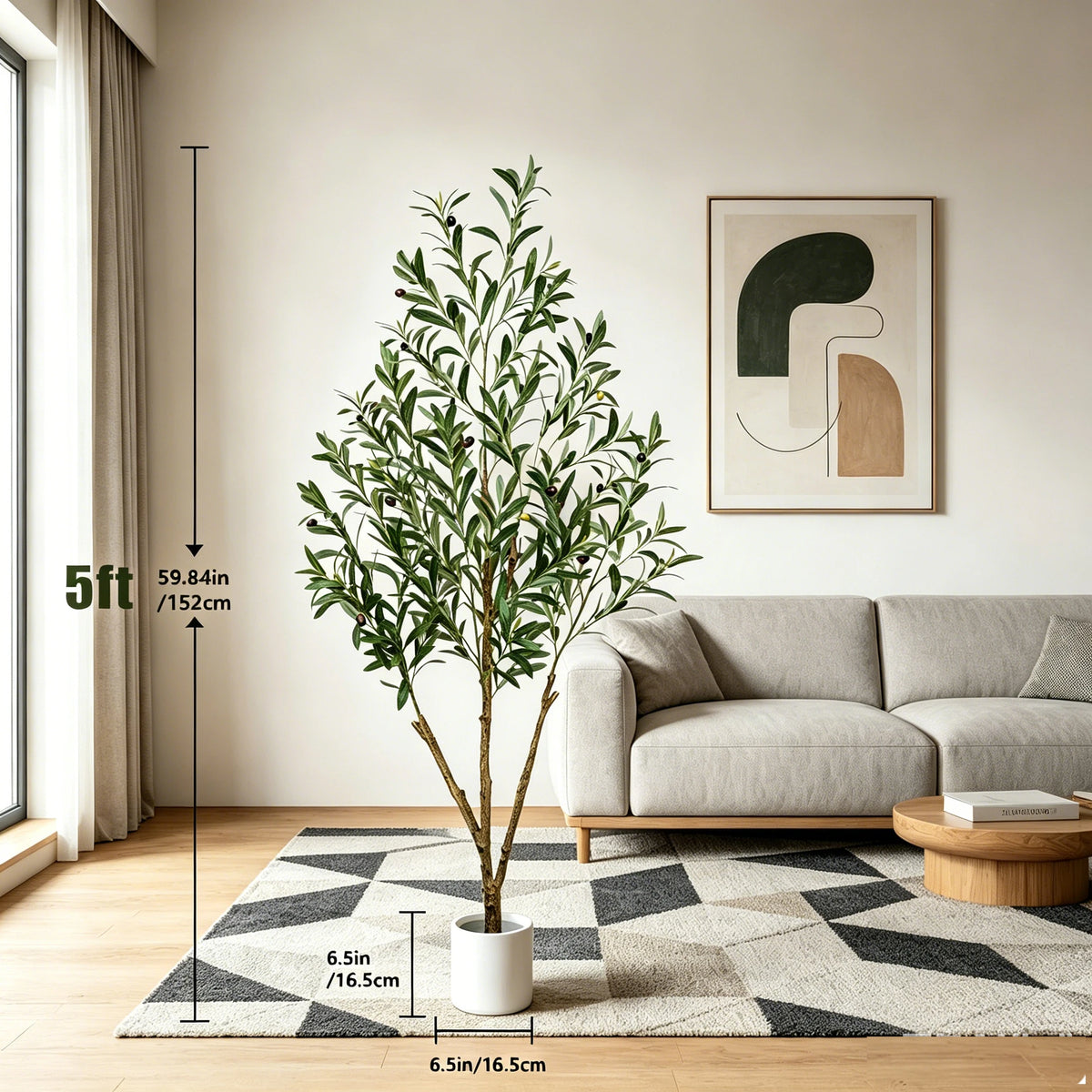 Artificial Olive Tree — 5 to 7 ft, Natural Wood Trunk, Tall Planter