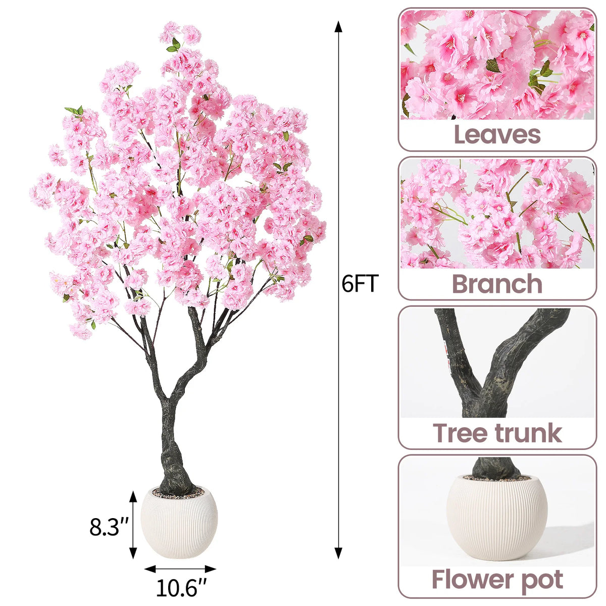 Artificial Cherry Blossom Tree — 5 to 6 ft, Four-Trunk Base in Cement Pot