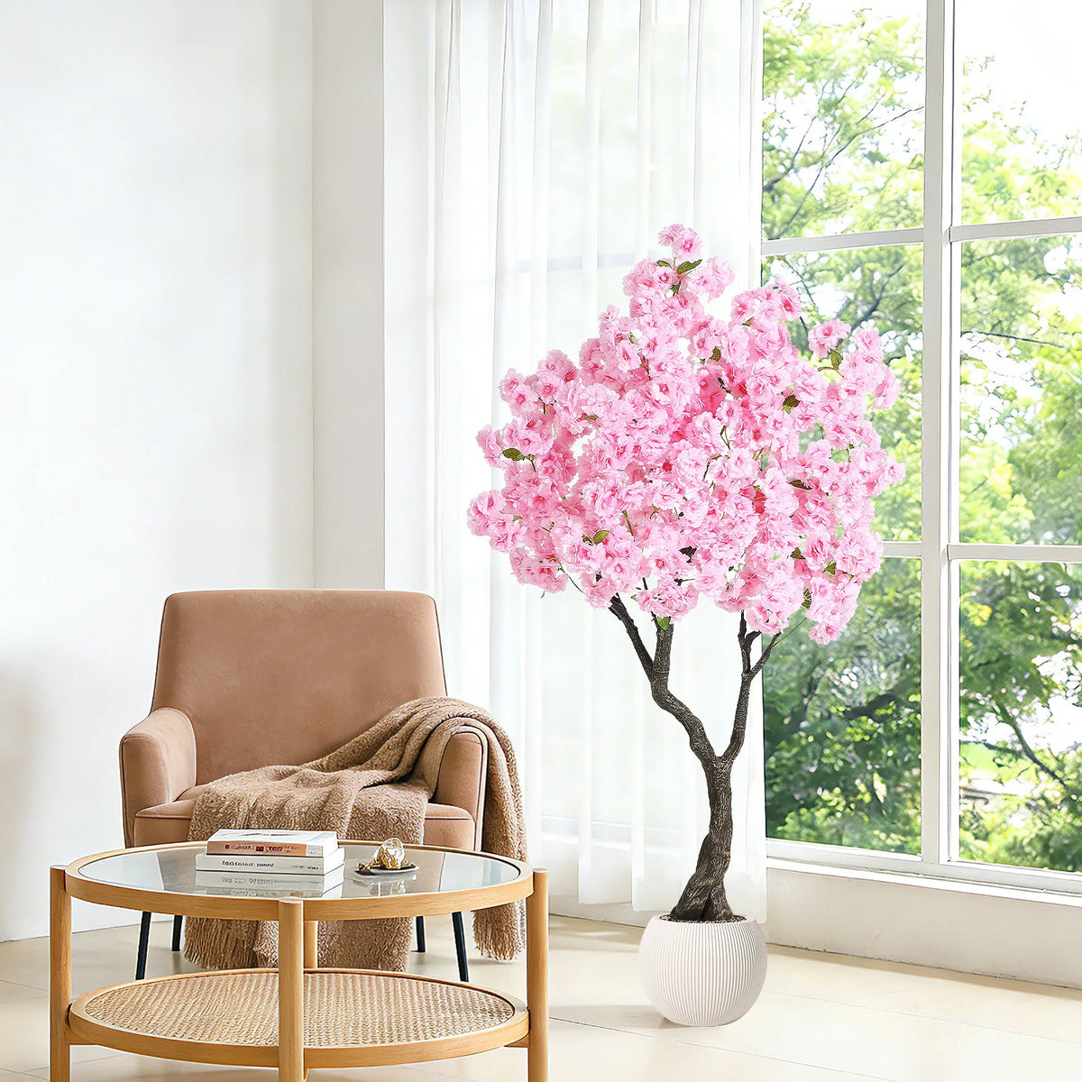 Artificial Cherry Blossom Tree — 5 to 6 ft, Four-Trunk Base in Cement Pot