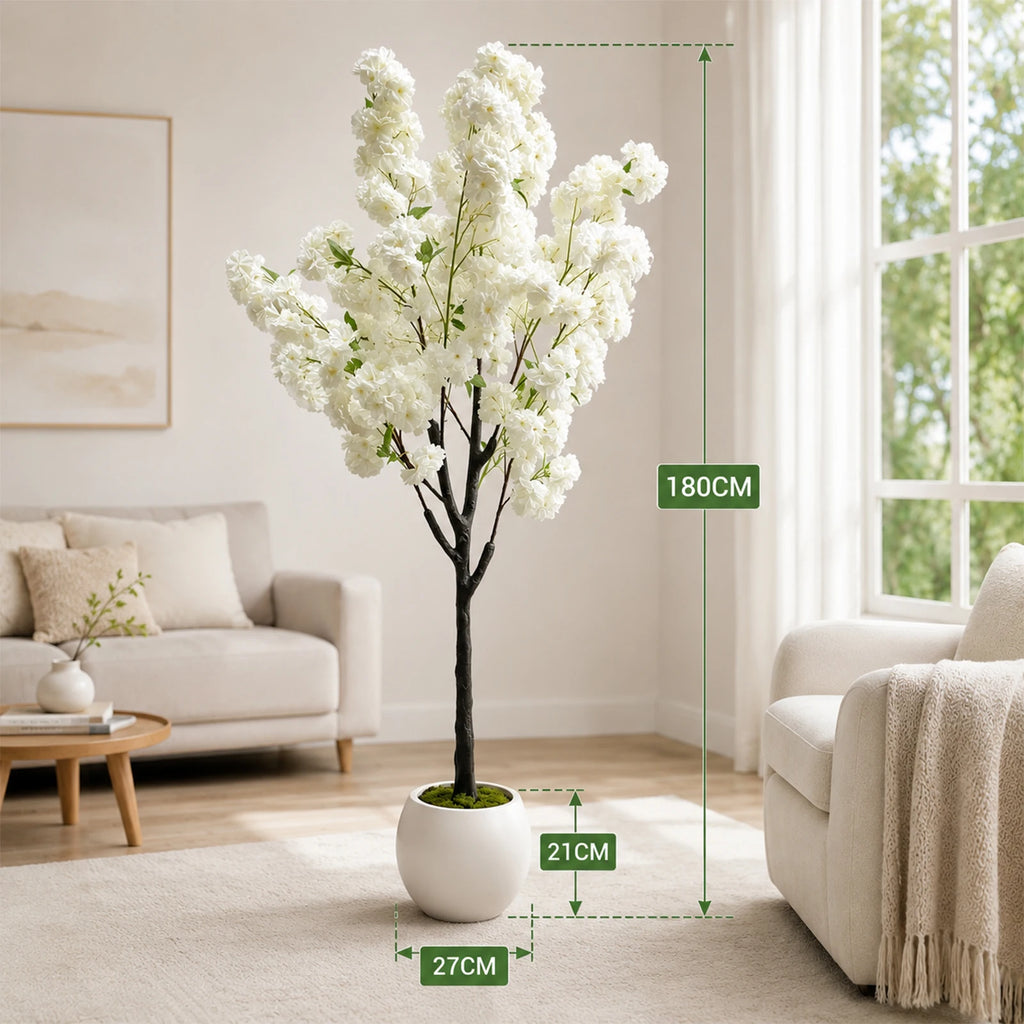 Artificial Cherry Blossom Tree — 5 to 6 ft, Weeping Single-Trunk, White Silk Blossoms