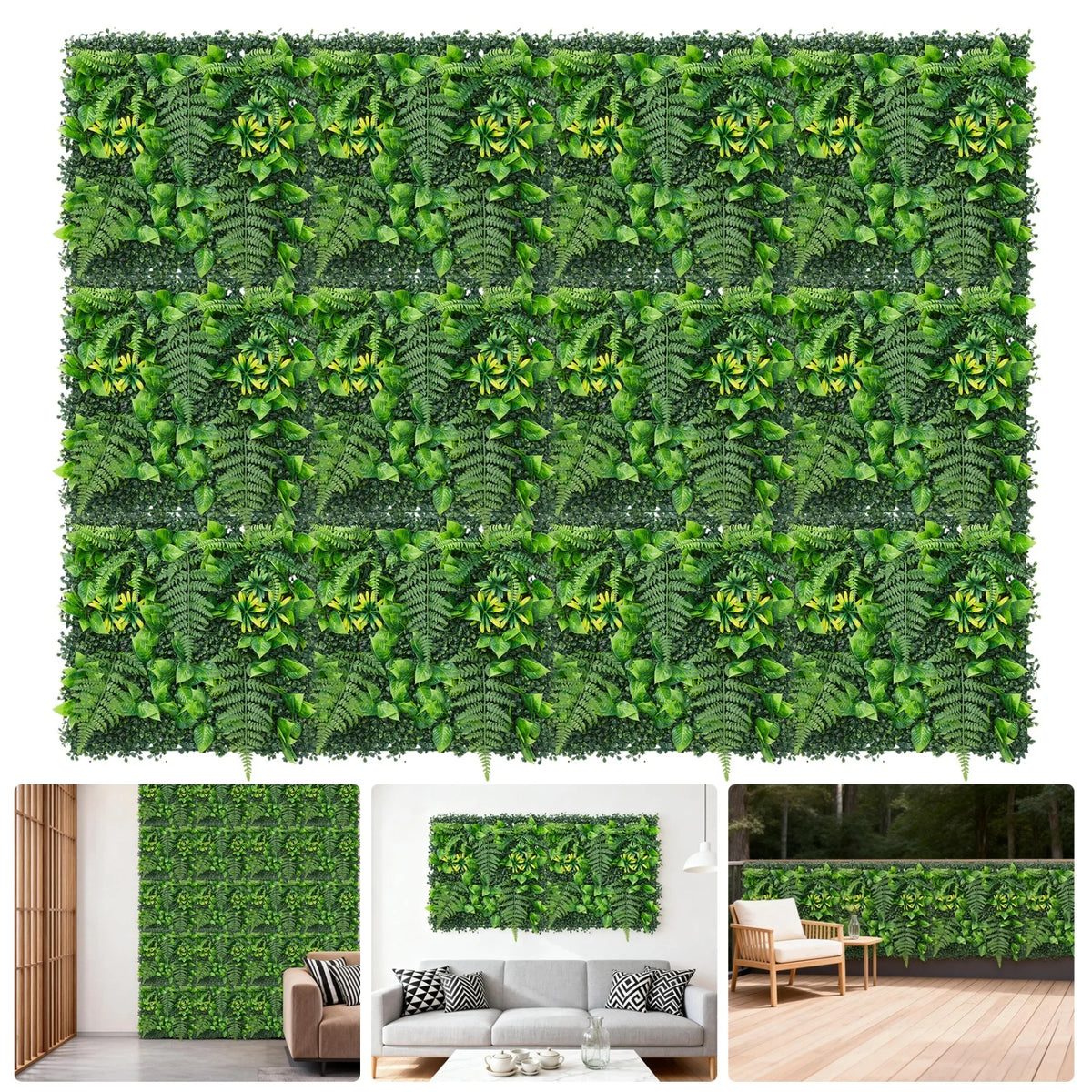 Artificial Green Wall Panels, 50 x 50 cm, Set of 4, 8 or 12, 1 to 3 m² Coverage