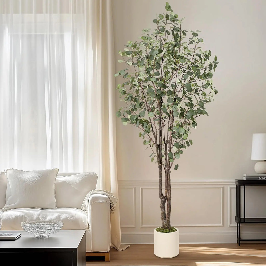 Artificial Eucalyptus Tree — 5 to 7 ft, White Planter with Faux Moss