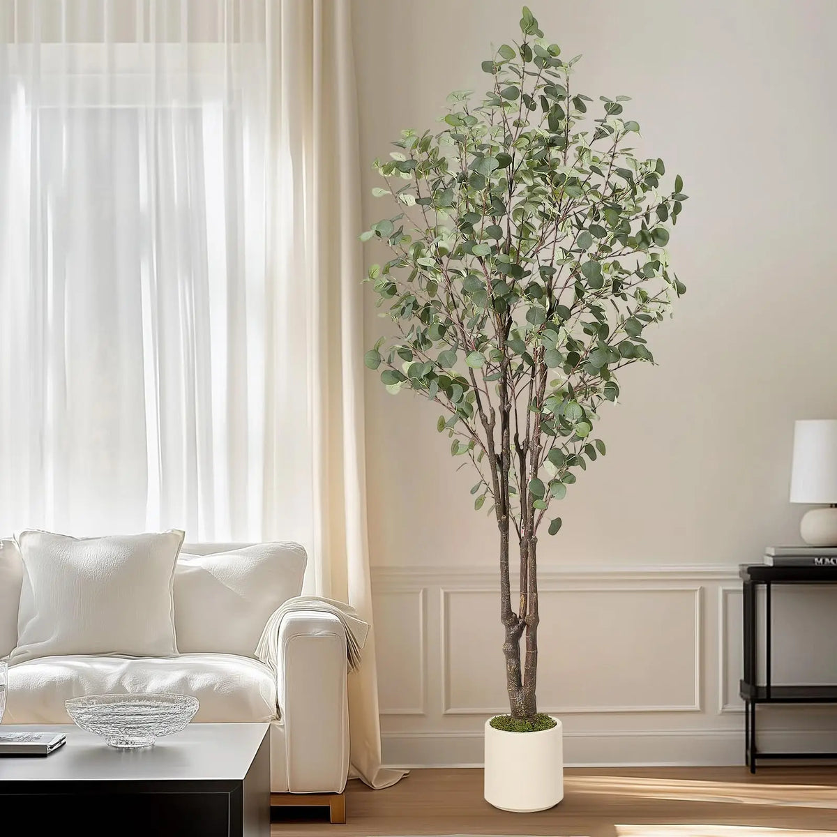 Artificial Eucalyptus Tree — 5 to 7 ft, White Planter with Faux Moss