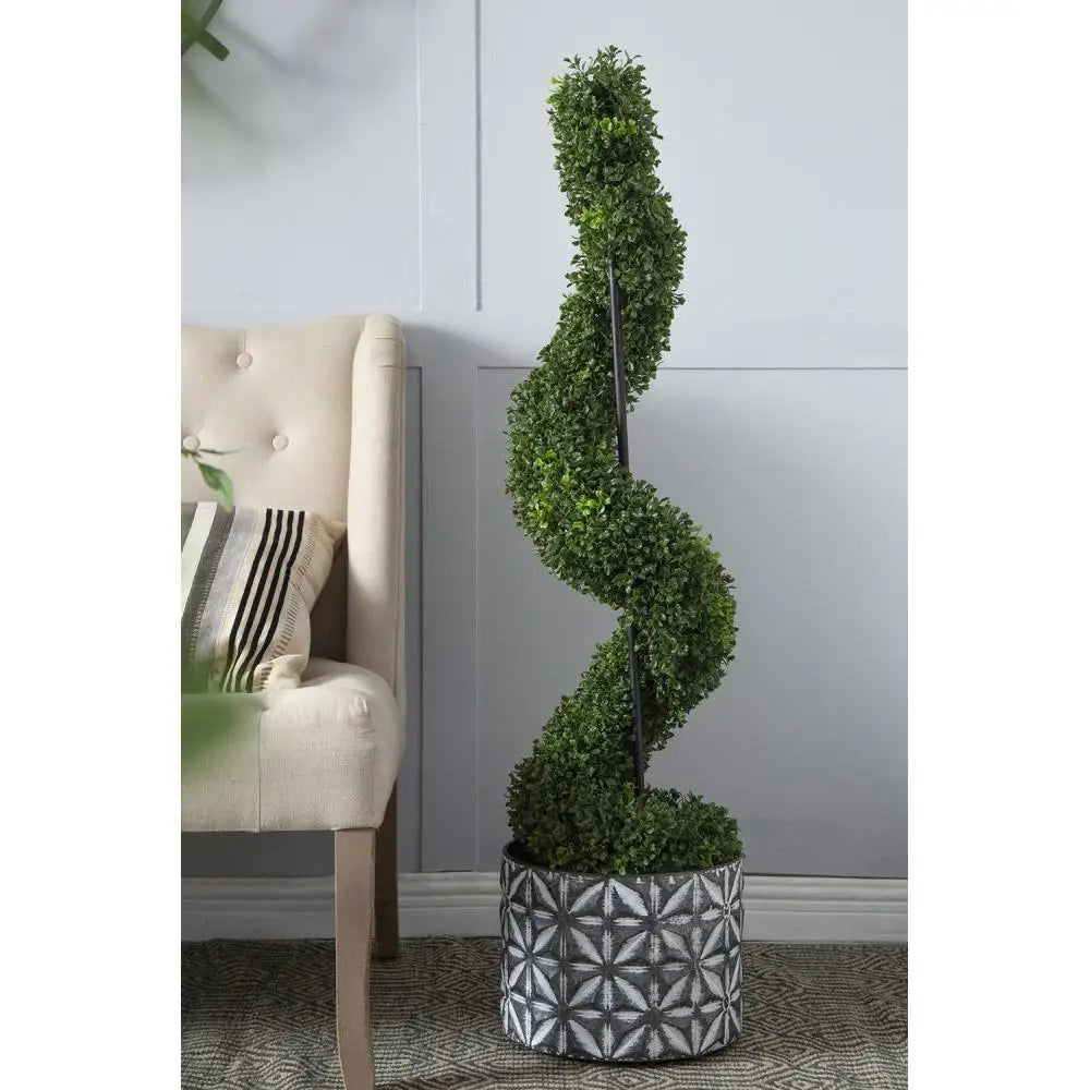 Artificial Boxwood Spiral Topiary — 4 ft, Slender Profile, Grey Pot