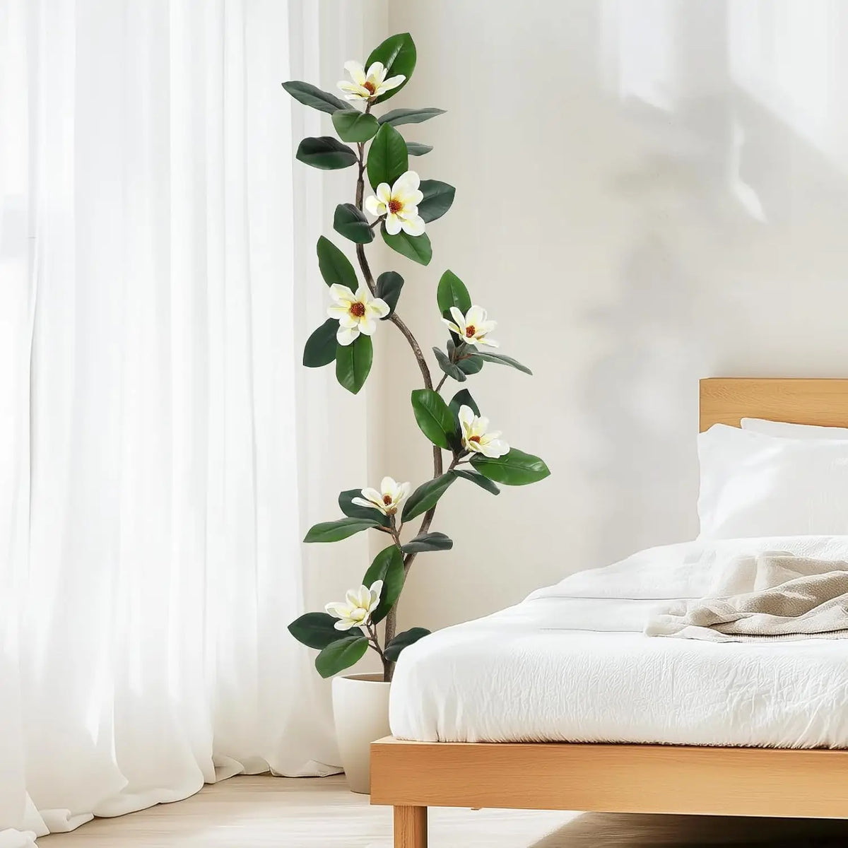 Artificial Magnolia Tree — 5 to 7 ft, S-Curve Trunk, White Planter
